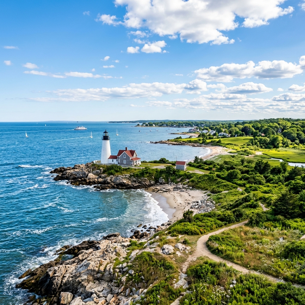 Connecticut coastal shoreline and historic New England lighthouse