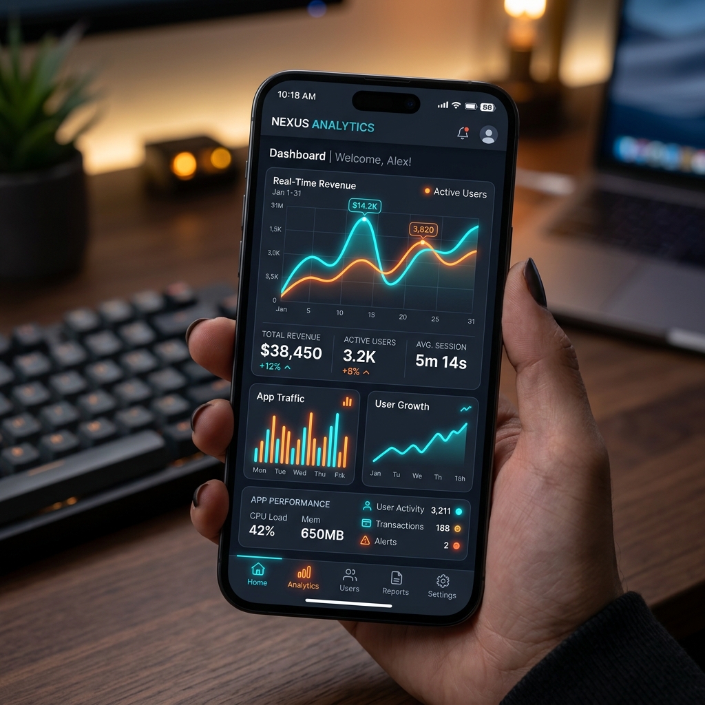 Dark mode mobile application analytics interface