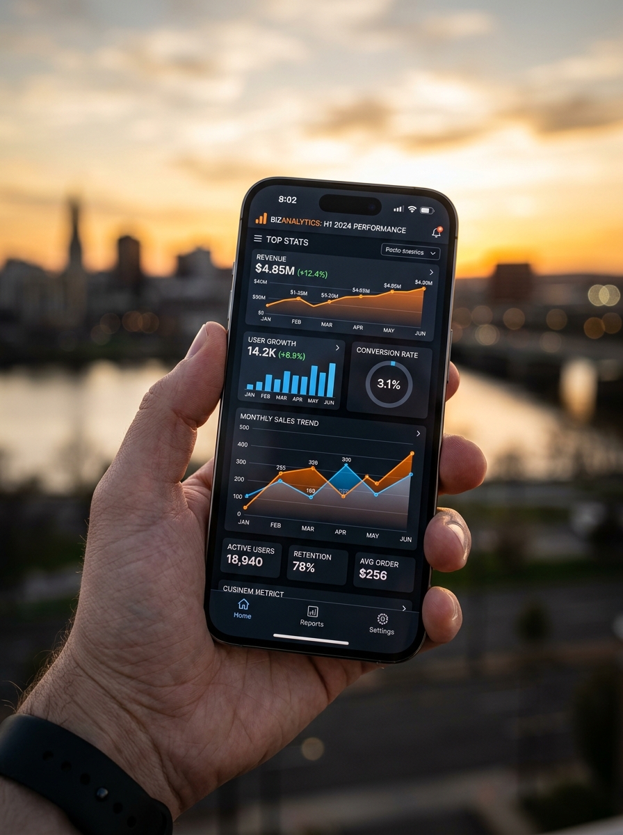 Connecticut Mobile App Development showcase on high-end smartphone with city skyline backdrop